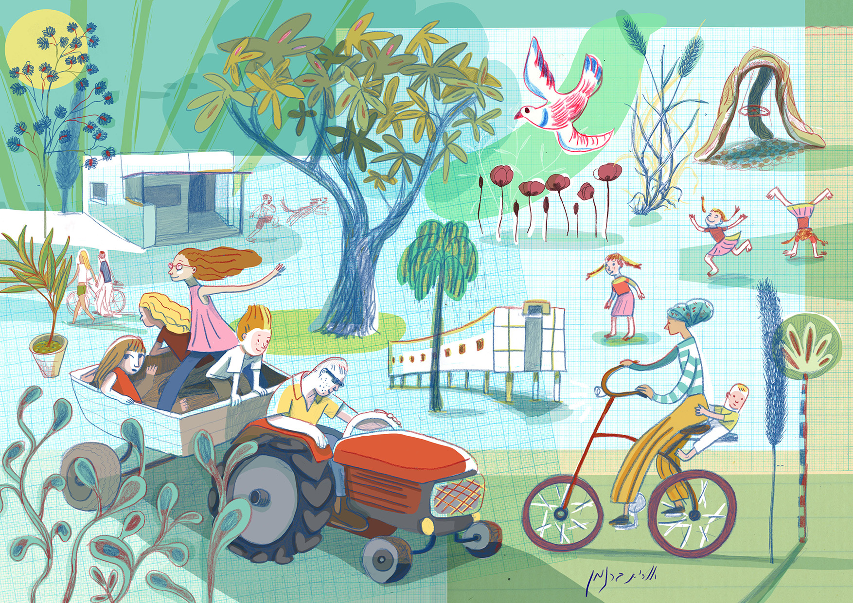 איור של אורית ברגמן, כרם שלום: איור בצבעים מגוונים עם סממני קיבוץ כגון: טרקטור, אופניים, ילדים/ות משחקים ועצים