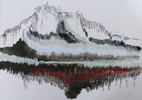 ציור של שיר קלין- הרים והשתקפות - דיו גירים ואקוליין על נייר