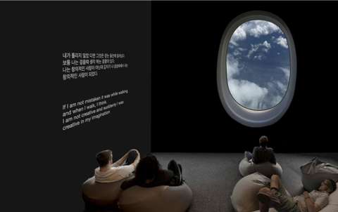 הדמייה אנשים יושבים בחדר ומסתכלים על חלון מטוס
