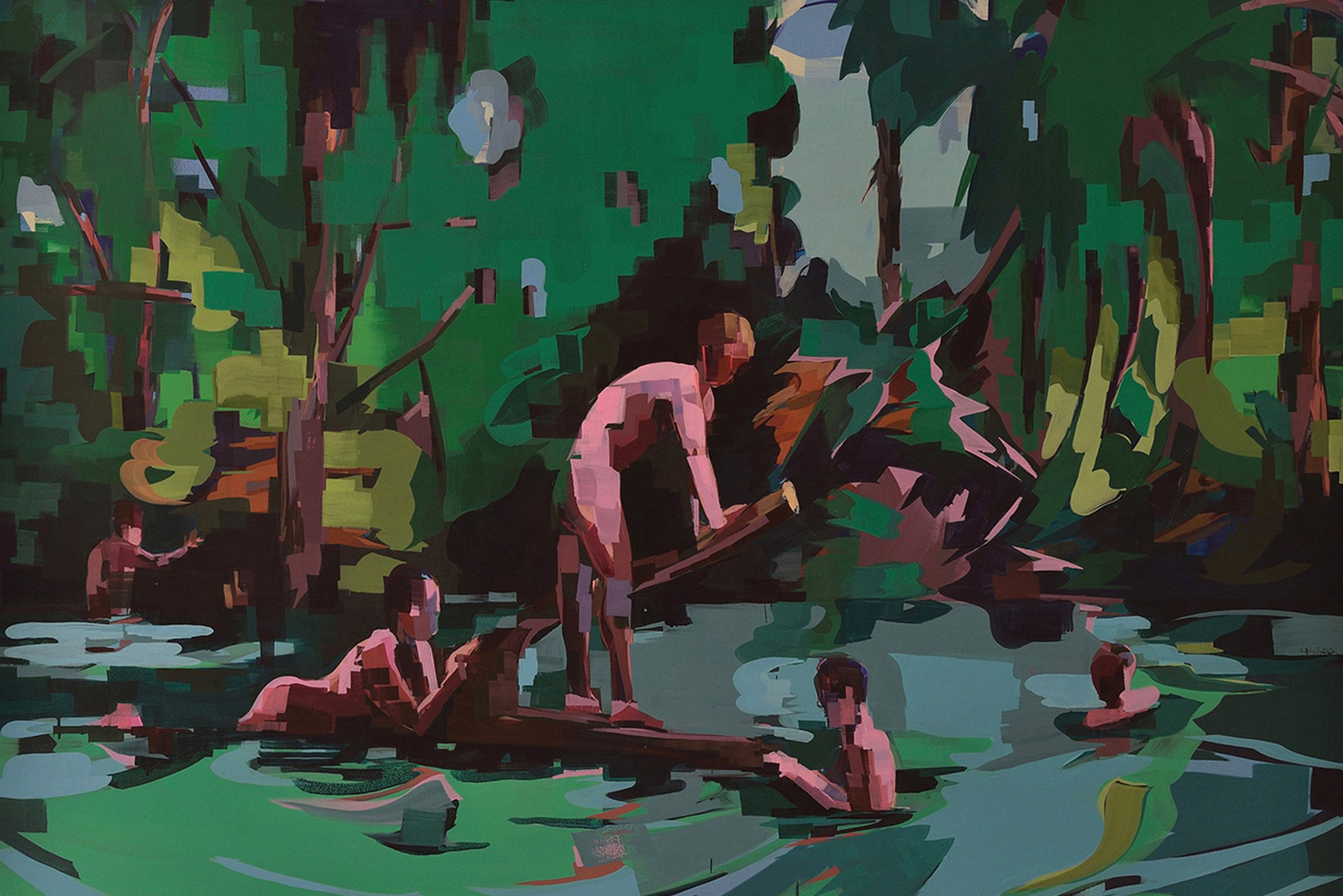 ציור אקריליק על בד של חמישה נערים מתרחצים באגם