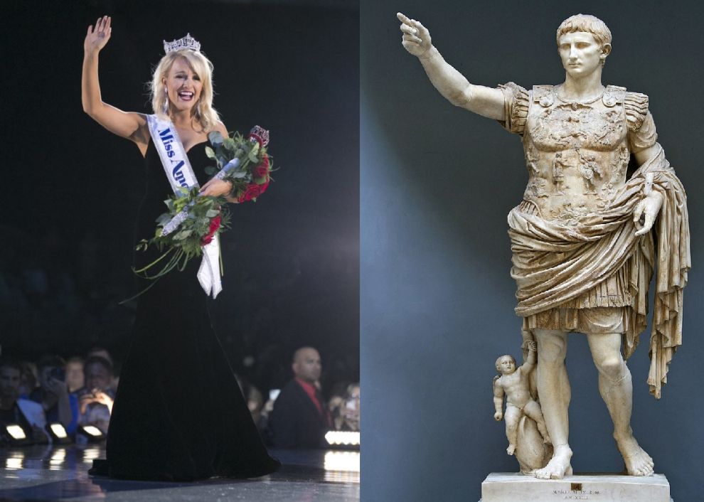 מימין: אאוגוסטוס מפרימה פורטה, המאה הראשונה לספירה | משמאל: מיס אמריקה, 2017